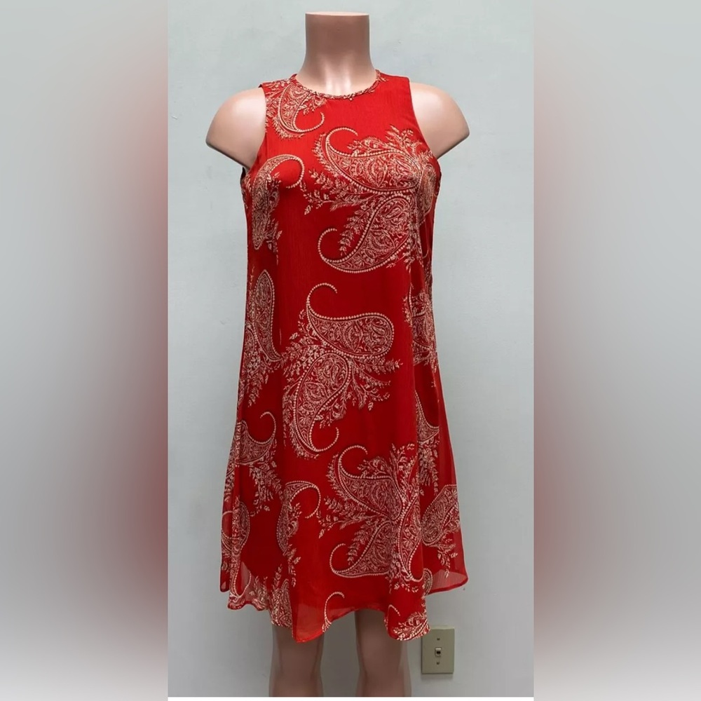 Tommy Hilfiger Red Paisley Sleeveless Lined Sheer Chiffon Mini Dress NWT Size 2